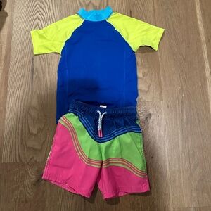 Lands' End Blue and Yellow Rash Guard w/ Pink and Green Cat & Jack Swim trunks